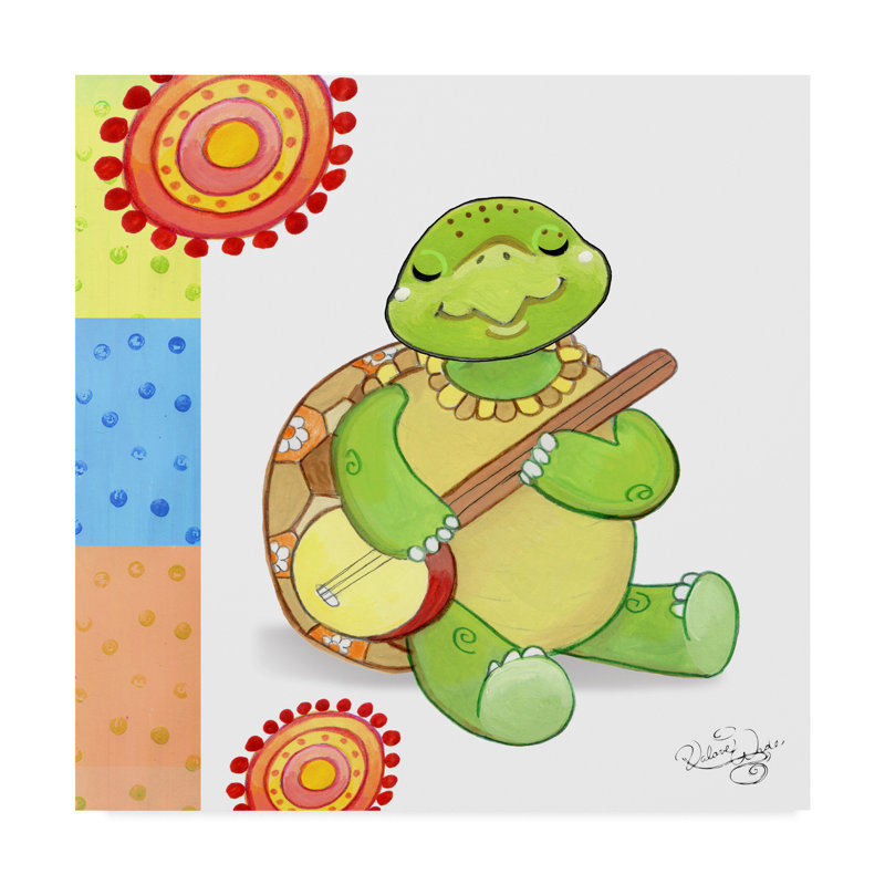 Green Turtle Playing Banjo Watercolor Canvas Art