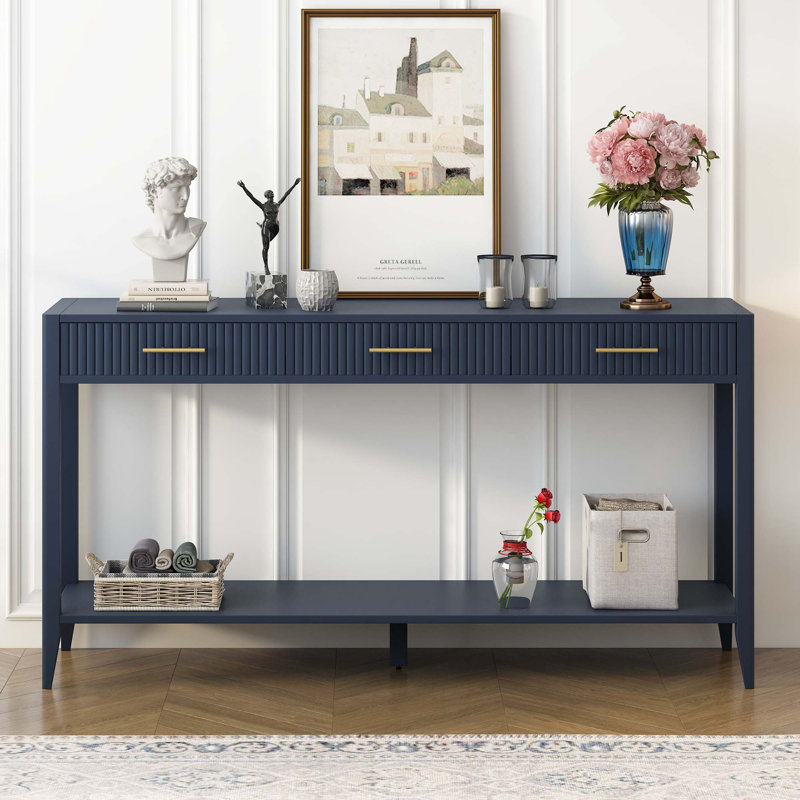 60" Painted Console Table With 3 Drawers, Navy Blue