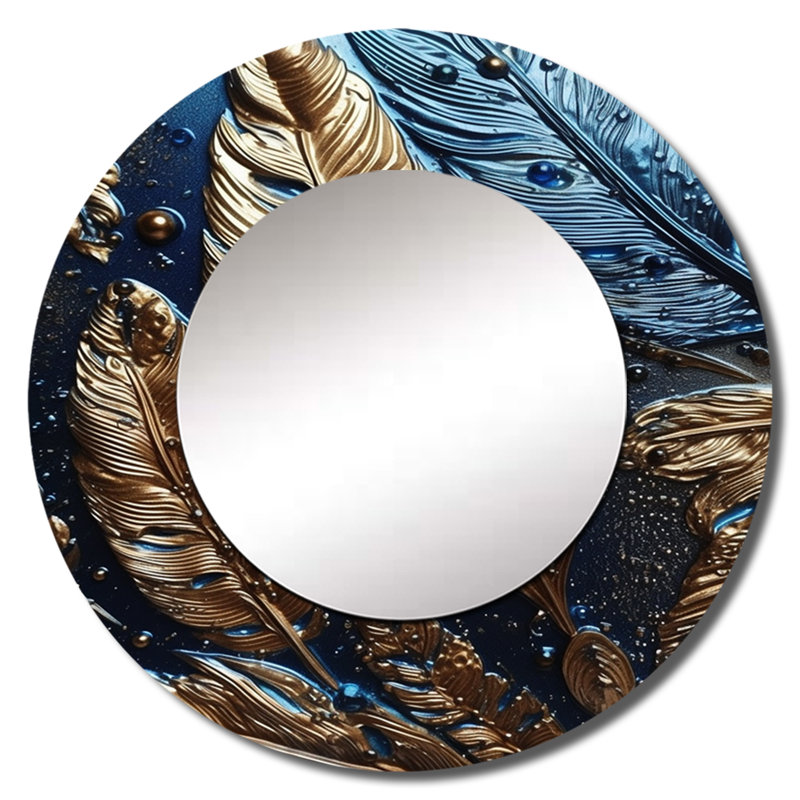 Phebia Gold Feather Glamour I - Glam Feather Unique Wall Mirror Decor, Gold Large Round Mirror, Printed Metal Art, 23" x 23"