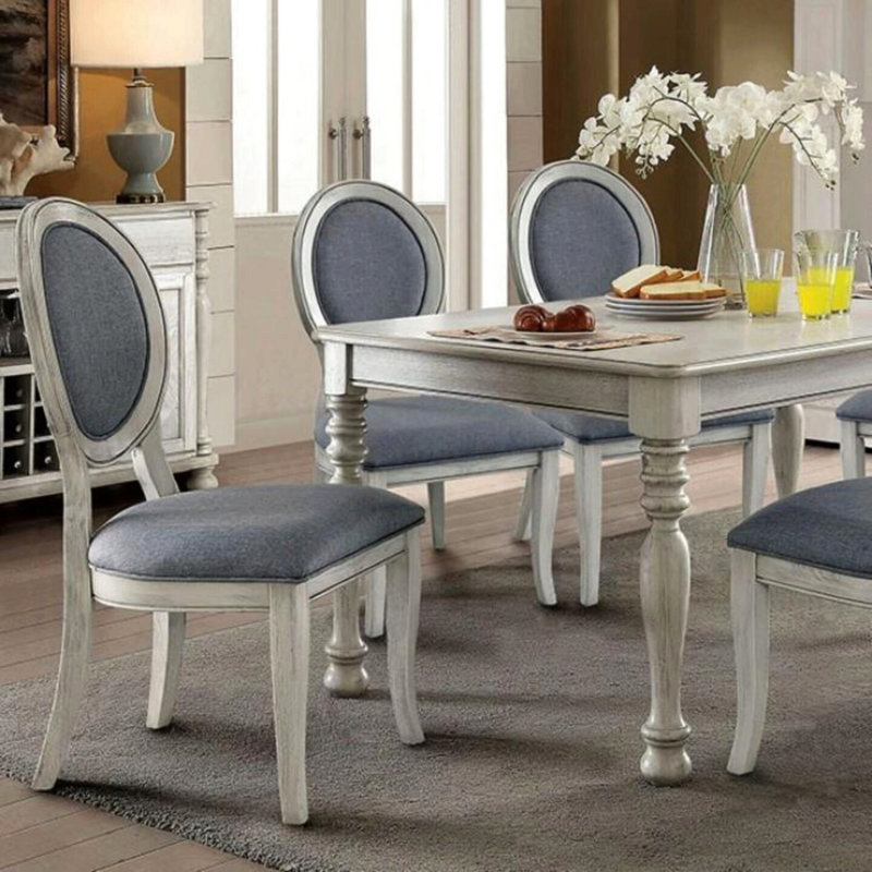 2 chaises de salle à manger transitionnelles 2 pièces, blanc et gris antique, siège en tissu rembourré, placage en bois massif, style Bogus