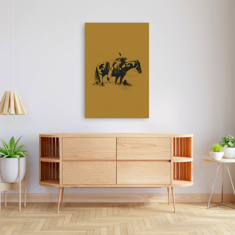 Native American Horseman Dramatic Rustic Traditional Horse Landscape Nature Wall Art Print by Dion Gem - Wrapped Canvas Print