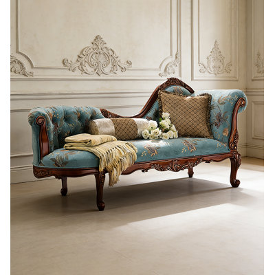 Chaise longue sculptée en acajou bleu de style campagnard américain, idéale pour la chambre à coucher et le salon.