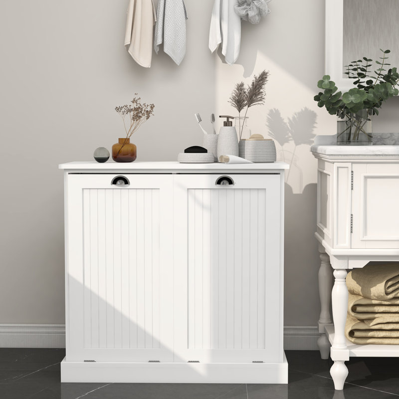 Armoire de trieuse à linge blanche avec deux compartiments, enduite, sacs en tissu amovibles, capacité de charge de 100 livres, armoire à assembler, finition de peinture, assemblage simple, capacité de 100 lb