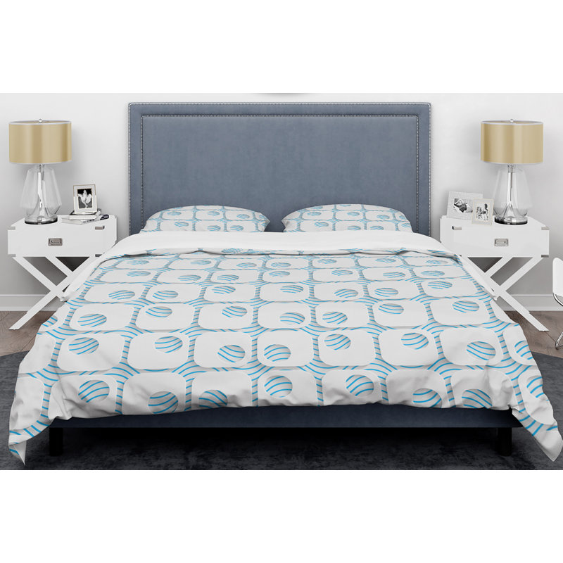 Retro Art Deco - Mid century bedding set - Modern Mid-century Bed cover set, King Duvet Cover + 2 Shams, Blue/White Square 1