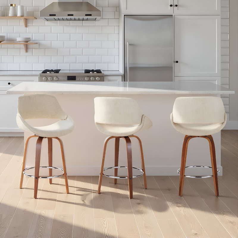 Najrin Upholstered Bar & Counter Stool with Round Footrest, Counter Stool (26" Seat Height), Walnut/Chrome, Cream