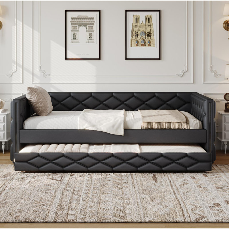 Full XL Size Upholstered Daybed With Trundle And LED, Black
