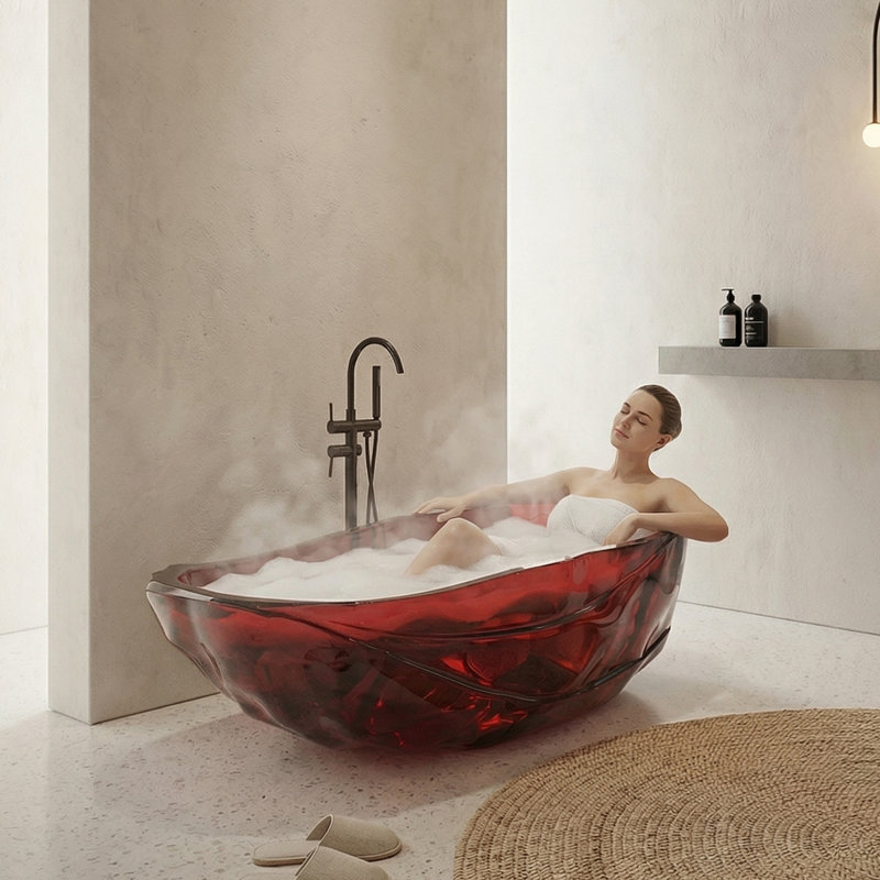 67" Freestanding Transparent Solid Surface Resin Stone Bathtub with Polished Chrome Pop Up Drain