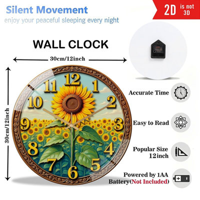 Sunflower vintage wall clock with floral field print, bright yellow digits, silent quartz movement & tempered glass front. Rustic farmhouse wall decor for home interiors.