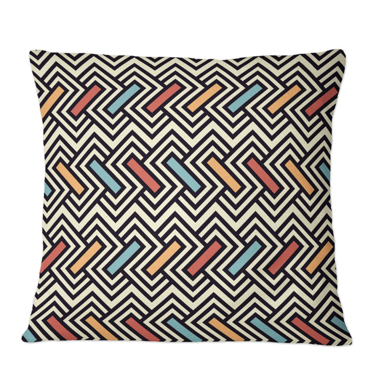 Coussin décoratif à motif zigzag noir et blanc avec motif rouge, bleu et orange, 16 po x 16 po