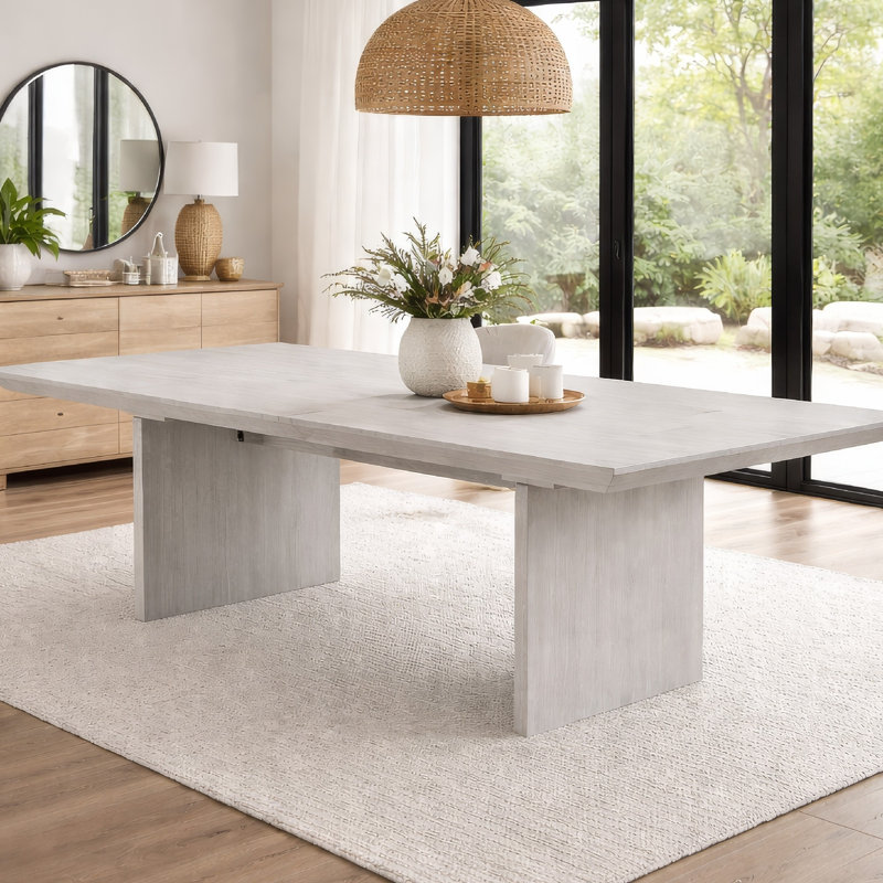Table de salle à manger extensible Diaz 72-90 pouces, verre et bois gris clair