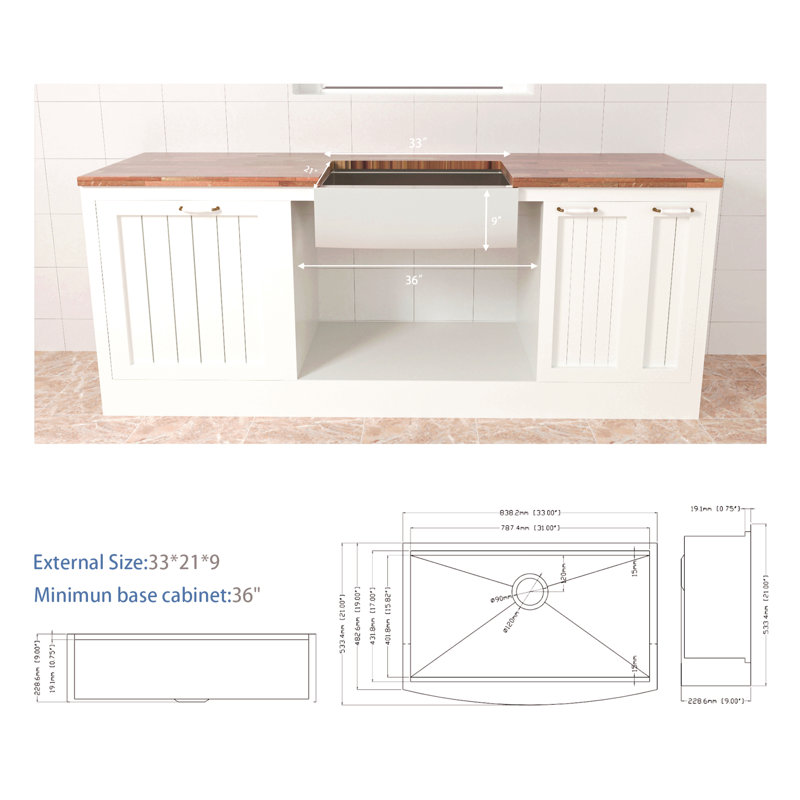 33 Farmhouse Sink Workstation - Évier de cuisine en acier inoxydable calibre 16 à tablier frontal