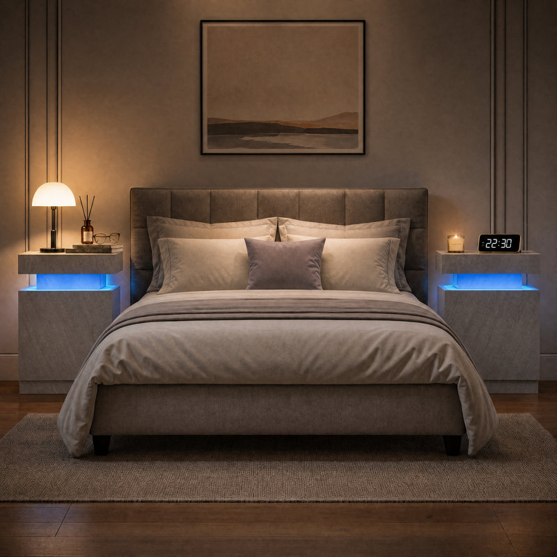 Nightstands with LED Light (Set of 2), Modern Side Table for Bedroom, Living Room, Gray