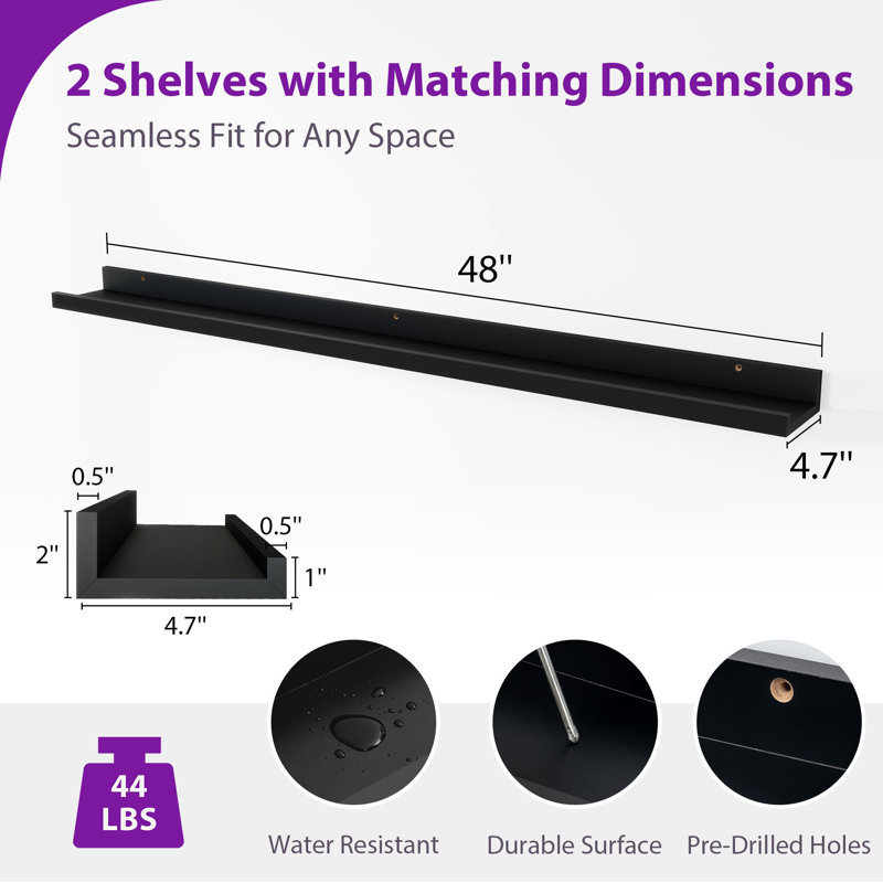 Tablette murale 2 pièces Darlicia, Noir, H 2 po x l 48 po x P 4,7 po