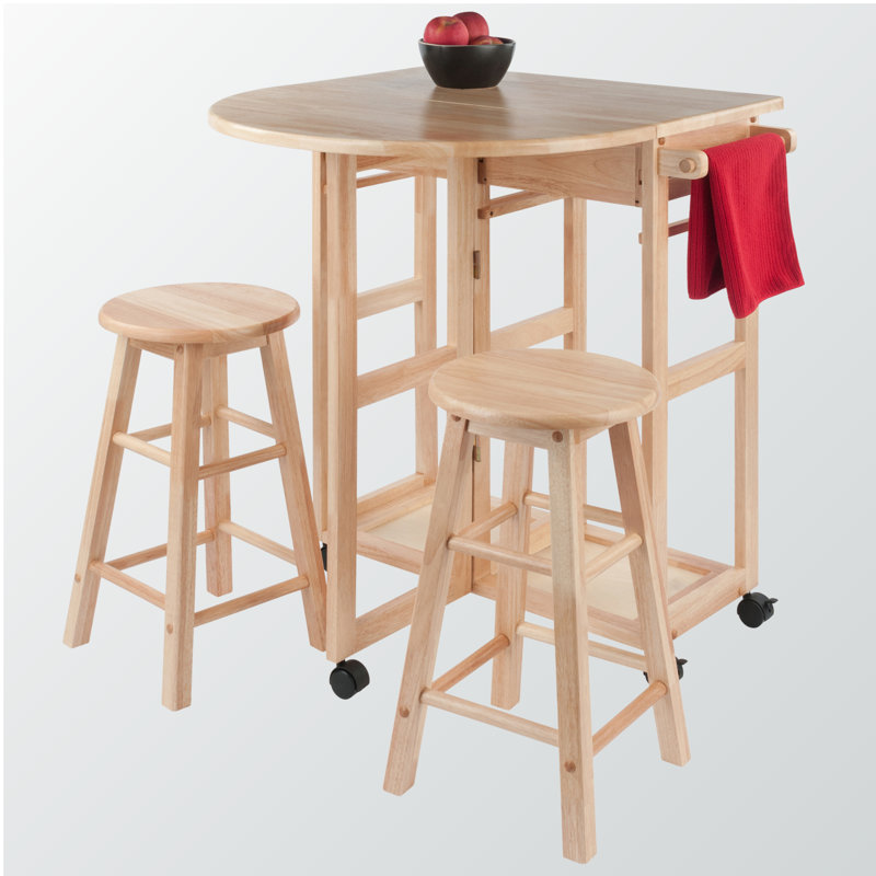 Hendrickson Natural 3-Piece Drop Leaf Dining Set, 2 Stools, 1 Table, 20.8'' H X 11.6'' W X 11.6'' D