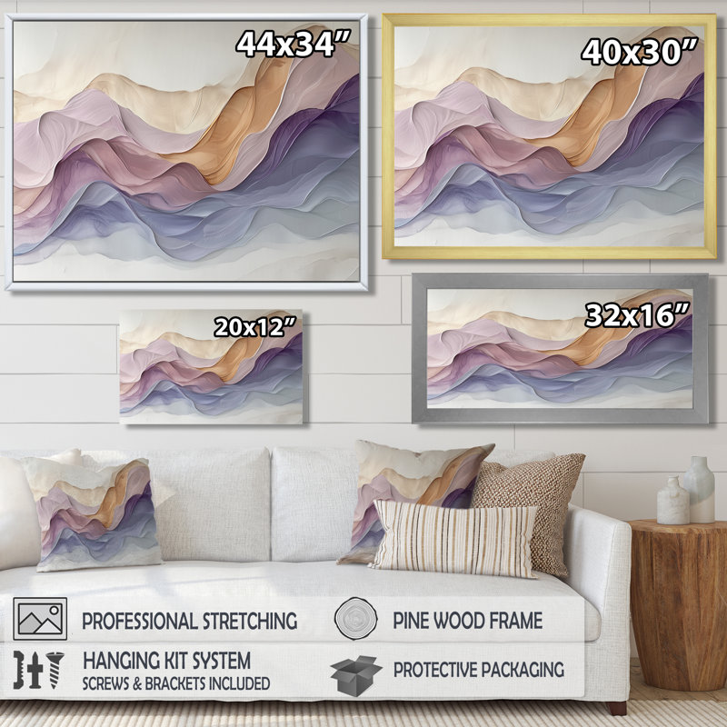 Lavender Soft Tones Digital Flow - Abstract Liquid ink Canvas Wall Art, 28" H x 60" W, Floater Framed, Gold