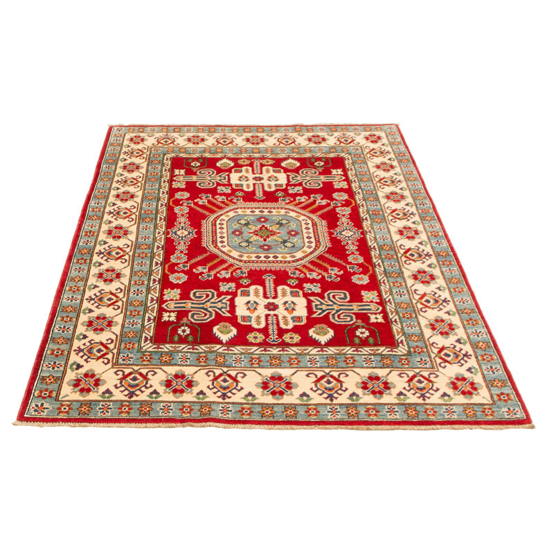 Tapis rouge / jaune en laine noué à la main de conception unique 5 pi 5 po x 7 pi 9 po New Age