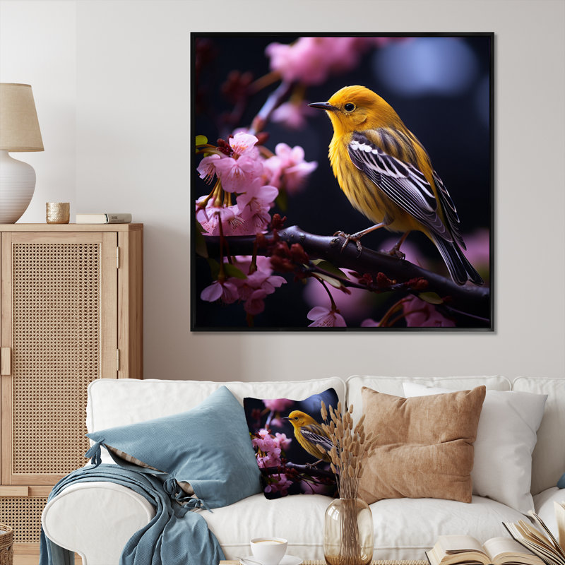 Oiseau jaune sur une fleur de cerisier II sur toile, H 30 po x l 30 po x P 1 po, Cadre flottant noir