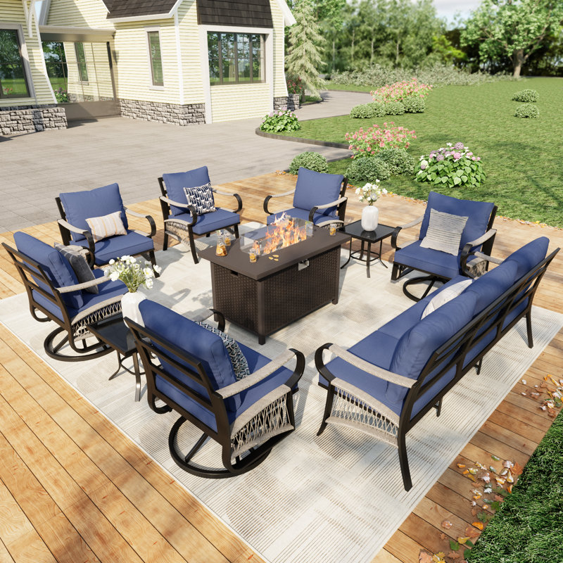 9-Person Outdoor Metal Patio Set With Fire Pit Table & Swivel Chairs (Blue), Blue