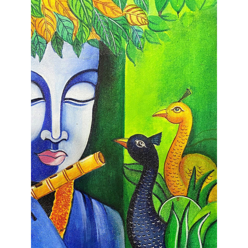 Krishna jouant de la flûte avec des paons, peinture de Yogyata Gadia