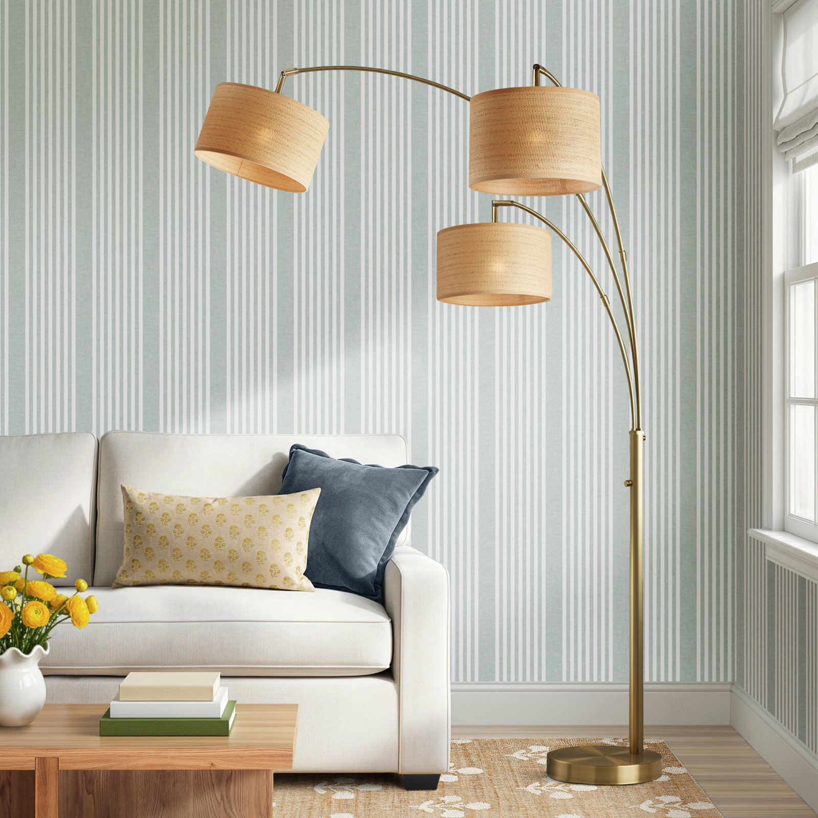 Felice 74'' Floor Lamp, Antique Brass, Natural/Beige