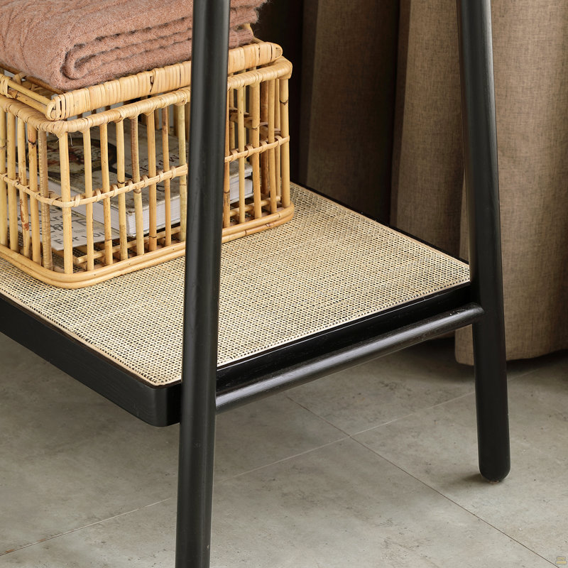 (Noir) Portant à vêtements en bois de chêne massif, portemanteau en rotin noir avec portemanteaux
