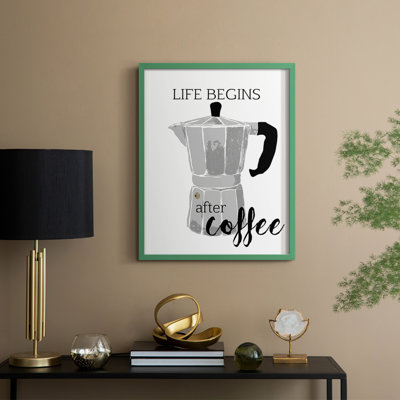 Begins After Coffee, reproduction encadrée - bois massif