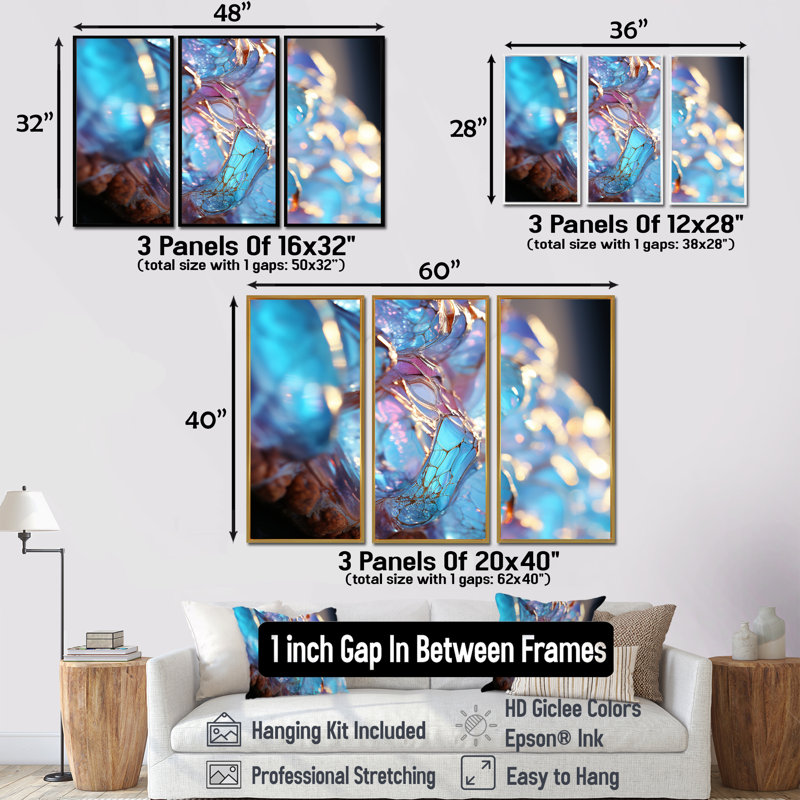«Turquoise Crystal Structure», ensemble d'art mural abstrait, H 40 po x l 60 po x P 1 po, Cadre flottant brun