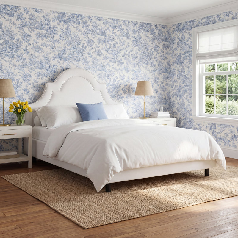 Knipe Upholstered Unfinished Scalloped Bed, Zuma Navy Textured Linen, Queen