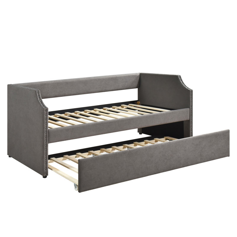 Lit de jour moderne moderne avec couchette en tissu texturé gris foncé et tissu d'ameublement 1 pièce, Gris foncé