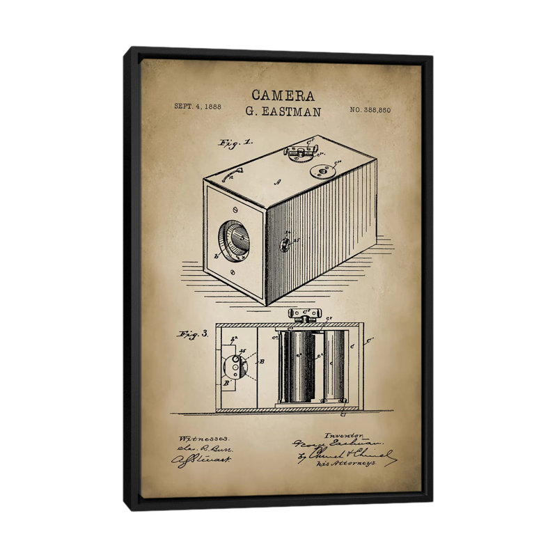 « eastman camera », impression sur toile beige, H 26 po x l 18 po x P 1,5 po, Toile avec cadre noir, Pas de tapis