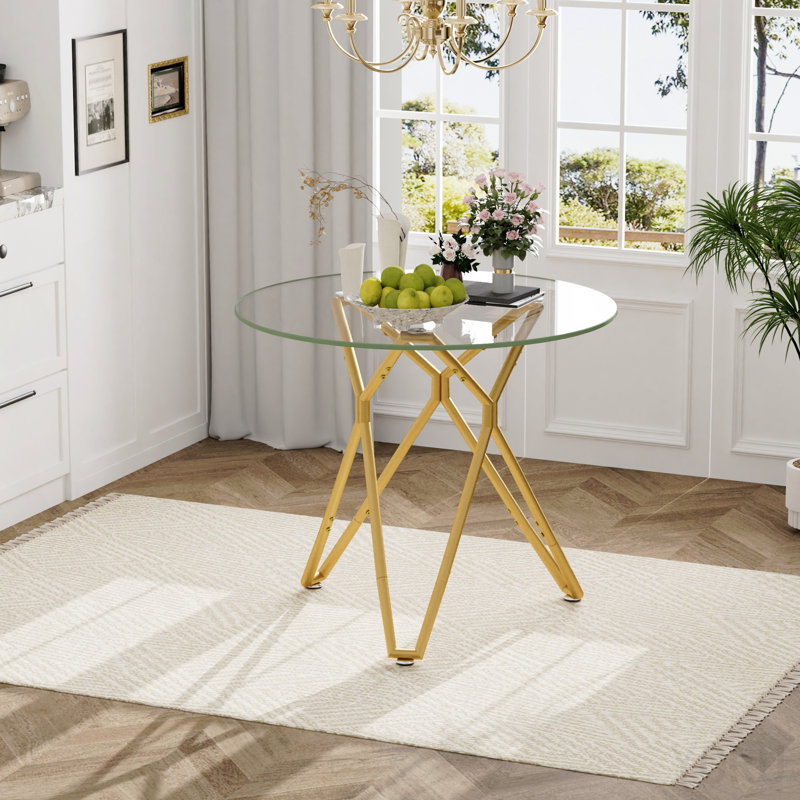 Table de salle à manger ronde en verre trempé de 35,4 po, convenant à 1 à 4 personnes, petite table de salle à manger de cuisine compacte, équipée de pieds de table en métal robustes