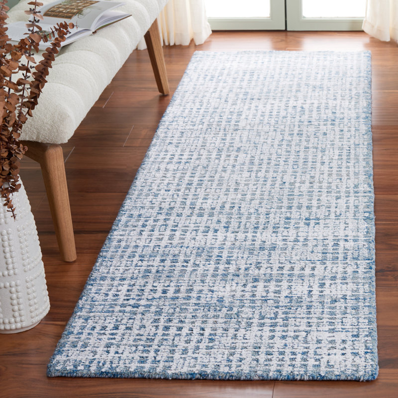 Leenhardt Hand Tufted Viscose Wool Cotton With Latex Rug in Blue/Ivory, Runner 2'3" x 8'