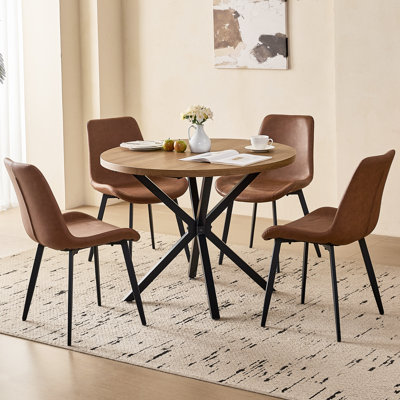 5-Piece Modern Round Dining Set, 39" Brown Wood Pattern Table with 4 Brown Faux Leather Chairs