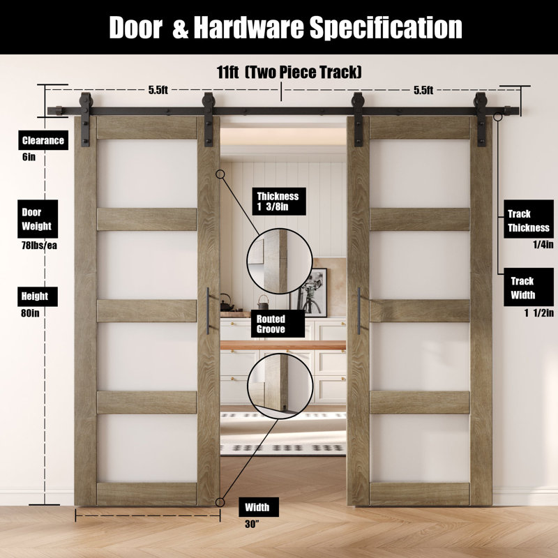 Portes de grange non assemblées et finies en verre à 4 verres de 30 po x 80 po Homacer Classic Grey, 30" X 80"