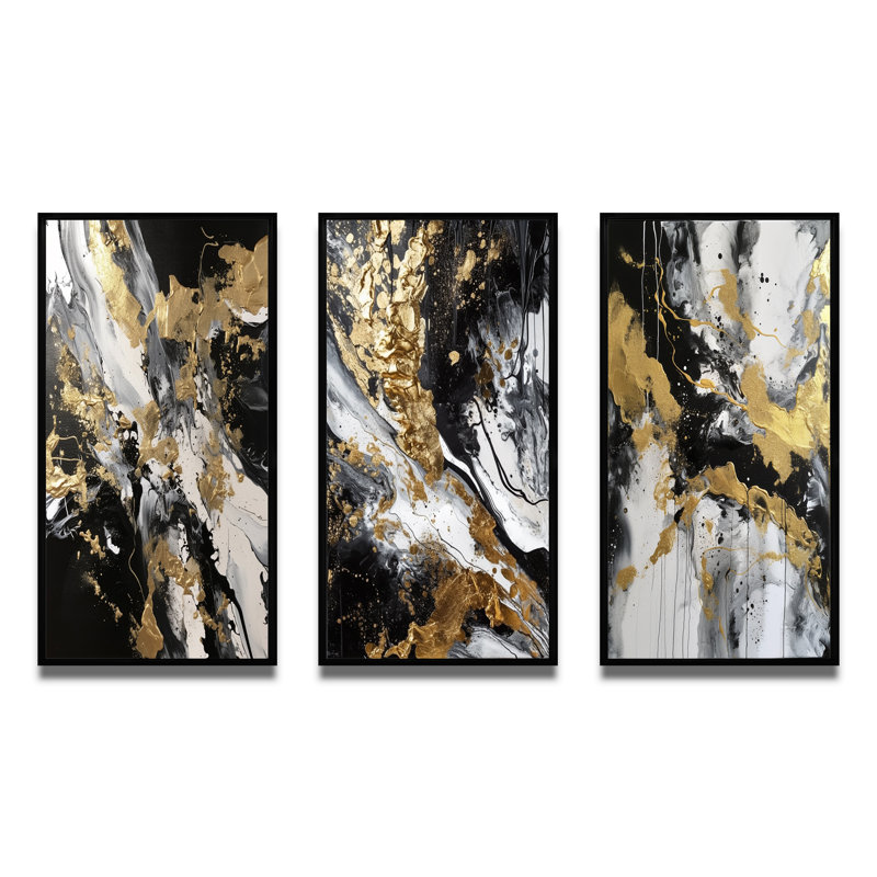 River Happiness, art mural doré noir et blanc abstrait - River Happiness, or noir et blanc, Cadre flottant noir