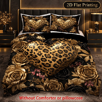 Leopard Heart Floral Duvet Cover Set for Full Bed,3 Piece Golden Rose Animal Print Comforter Cover,Trendy Boutique Bedding Set for Bedroom Decor