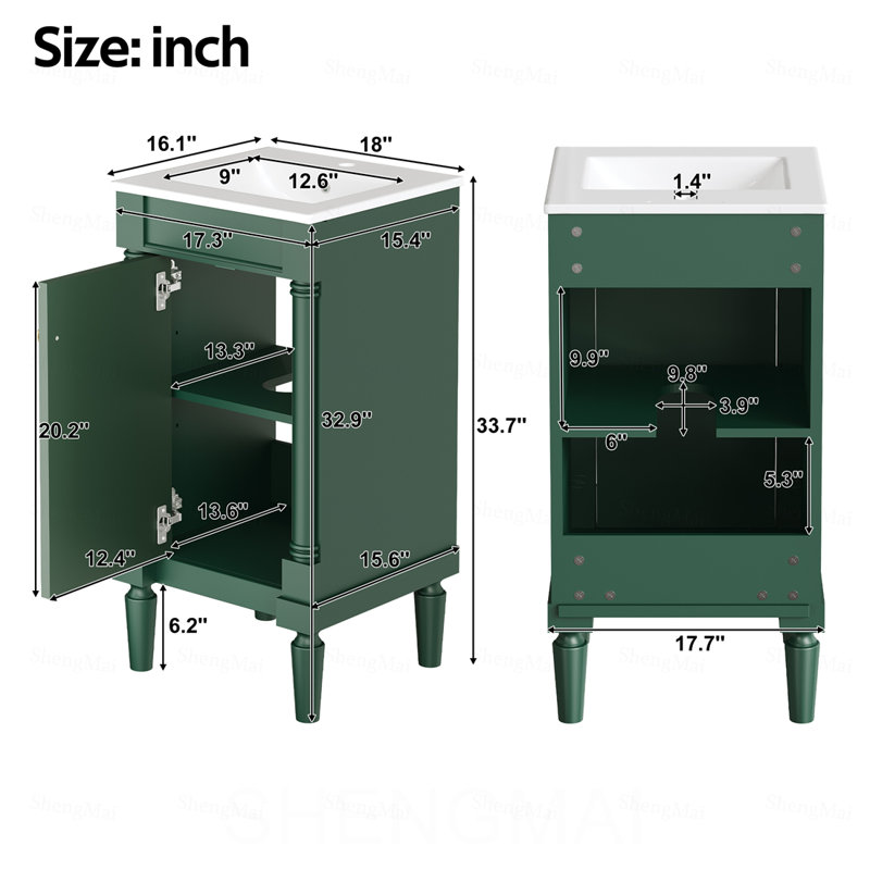Armoire de salle de bain de style français 18 po avec rangement, solution pour petit espace avec lavabo en céramique, tablette réglable, charnières à fermeture en douceur