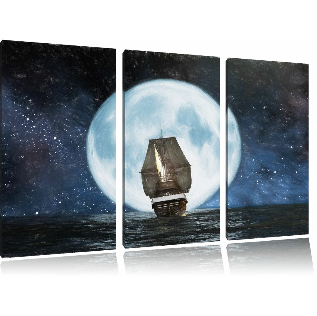 3-tlg. Leinwandbilder-Set Sailing Ship in Full Moon Light