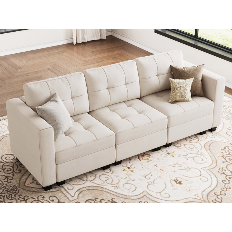Canapé modulaire en velours 3 places Buckleton, Velours beige