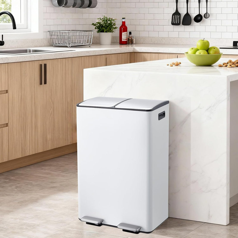 Poubelle double 16 gallons pour la cuisine, poubelle en acier inoxydable 2 x 30 L avec couvercle, double compartiment et seau intérieur, poubelle à pédale en métal et poubelle combinée, pour le bureau à domicile