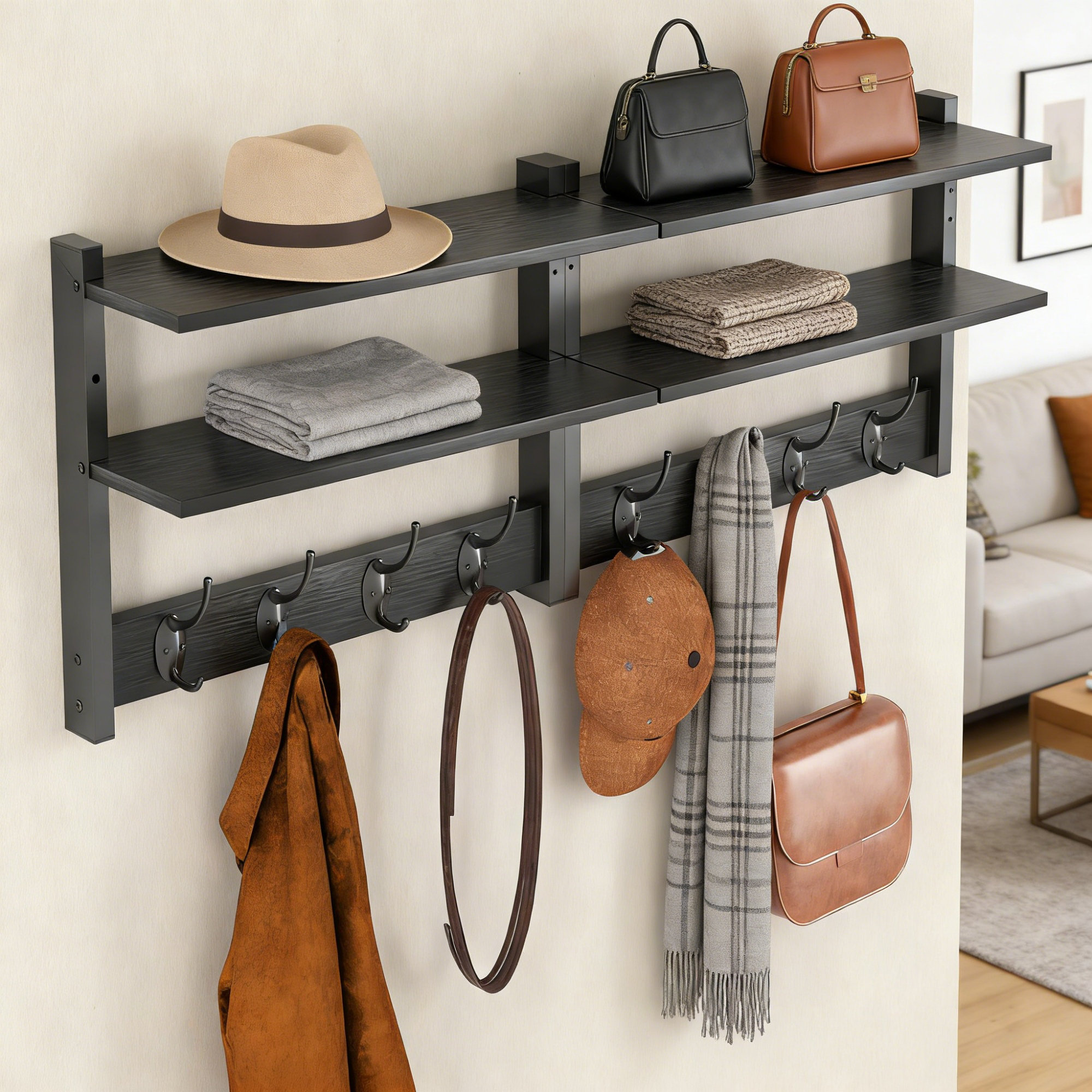 Multiple Coat Rack Latitude Run® 33 Inch 2-Tier Wall Mount Coat Rack With Shelf, 8 Heavy ...