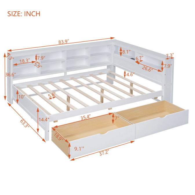 Lit de jour double en bois avec 2 tiroirs, tablette de rangement et ports de chargement USB, blanc, peu encombrant et robuste