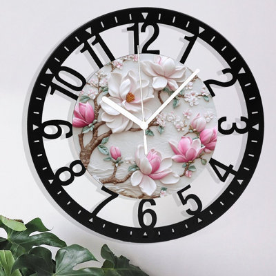 Horloge murale en métal pour le salon - 10 po, blanc, rose, magnolia, art en relief, silencieux, à piles, horloges antiques pour maison de campagne, chambre à coucher, cuisine - chiffres arabes