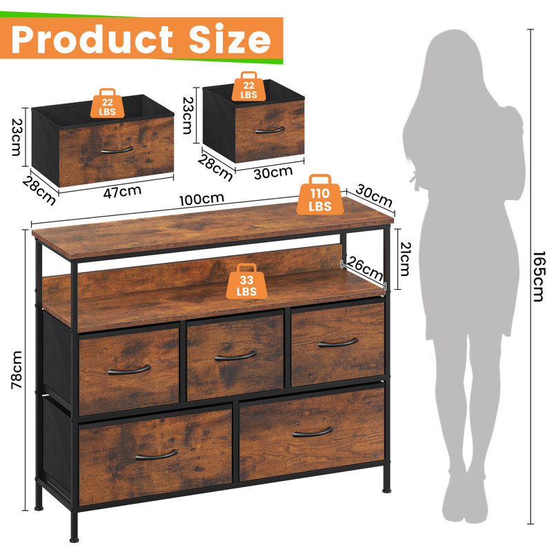 100cm W 5 - Drawer Chest of Drawers, Rustic Brown