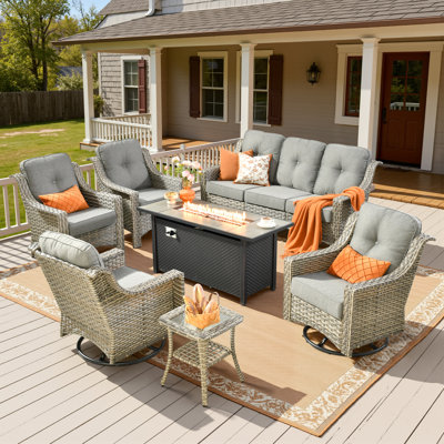 Daliya 7 - Person Outdoor Wicker Patio Conversation Furniture Set With Fire Pit Table And Swivel Rocking Chairs