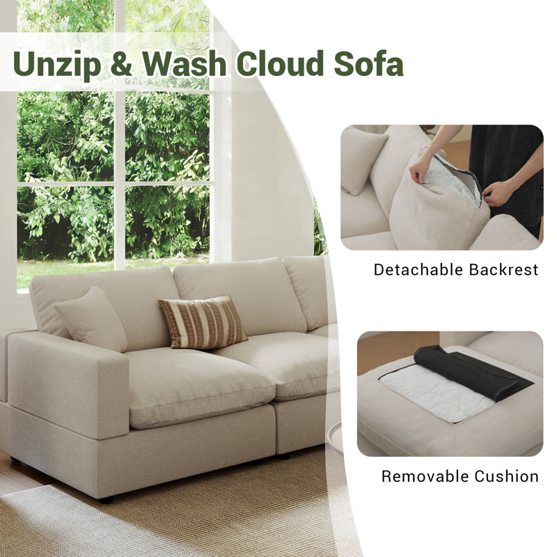 Upholstered Sofa, Cloud Couch Modular Sectional Sofa Couch for Living Room Bedroom, Khaki Linen Blend