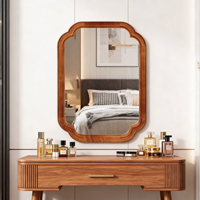Miroir mural en bois massif 20 po x 30 po, miroir de meuble-lavabo de coin arrondi brun, miroir décoratif en verre trempé de qualité supérieure pour chambre à coucher, salon, vestibule, miroir suspendu décoratif vertical ou horizontal de style campagne moderne