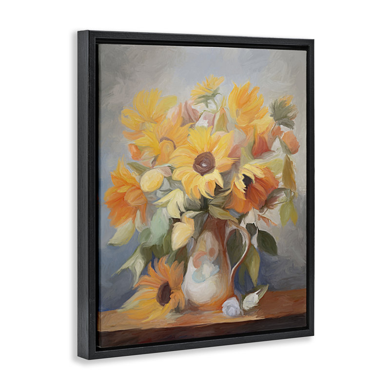 «Bright Sunflower Medley» par Ramona Murdock, Cadre flottant noir de jais, H 21 po x l 17 po