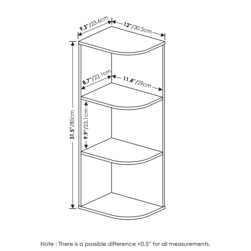 Cresta Corner Bookcase, (3 Shelves) 31.5" H x 12.01" W x 9.3" D, Black
