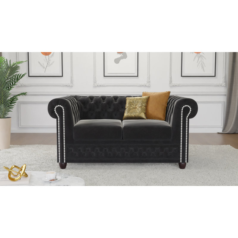 Chesterfield Hanna 2 Seater Sofa with Sleeping Function Made of Velvet Fabric with Solid Wood Legs, Black